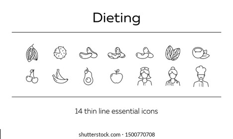 Dieting icons. Set of line icons on white background. Nutritionist, chef, organic food. Healthy eating concept. Vector illustration can be used for topics like vitamin, vegetarian restaurant, health
