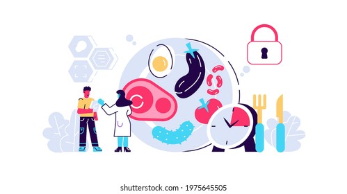 Dieting, intermittent fasting and proper nutrition. Daily meal schedule and plan to stay in ketogenic state. Time-restricted eating concept. Vector man visit nutritionist flat illustration