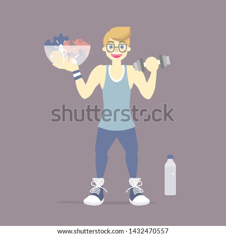 dieting man, weight loss, activity fitness body building, healthy lifestyle, body in shape, exercise and sport concept, flat vector illustration cartoon design, isolated  character clip art