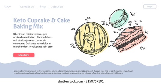 Dieting and nutrition, keto cupcakes and cakes made from natural and organic ingredients. Donut and sweets, pastry and confectionery. Proteins and desserts. Website page, vector in flat style