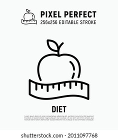Diät Thin Line Symbol. Tape Mass um Apfel. Gesunde Ernährung. Kalorienmessung. Pixel perfekt, bearbeitbarer Strich. Vektorgrafik. 