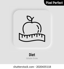 Dieting thin line icon. Tape measure around apple. Healthy nutrition. Calorie measuring. Pixel perfect, editable stroke. Vector illustration. 