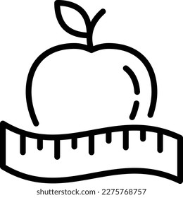 Icono de línea delgada. Medición de cinta alrededor de manzana. Nutrición saludable. Medición de calorías. Ilustración vectorial. 