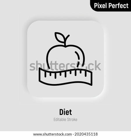 Dieting thin line icon. Tape measure around apple. Healthy nutrition. Calorie measuring. Pixel perfect, editable stroke. Vector illustration. 