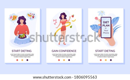 Dieting and weight loss mobile website vector template. Healthy eating cellphone web page interface with walkthrough steps instructions.