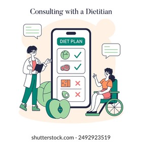 Dietitian Consultation concept. A professional nutritionist advises on tailored diet plans using a mobile app. Patient engagement for healthy eating. Vector illustration.