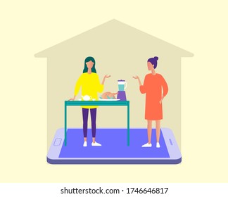 Dietitian or nutritionist consulting fom home. Video nutrition blogging. Creative concept for your design. Vector illustration.