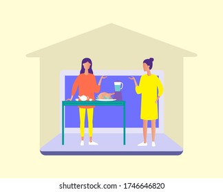 Dietitian or nutritionist consulting fom home. Video nutrition blogging. Creative concept for your design. Vector illustration.