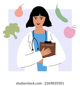 Dietitian or nutritionist. Female doctor in a medical coat with vegetables, fruits, food. Online service or platform for nutritionists. Online course. Nutrition recommendations. Flat illustration