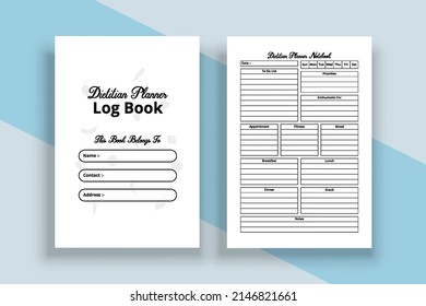 Dietitian planner journal interior. Daily diet schedule paper and food habit planner template. Interior of a notebook. Daily diet and nutrition planner logbook template.