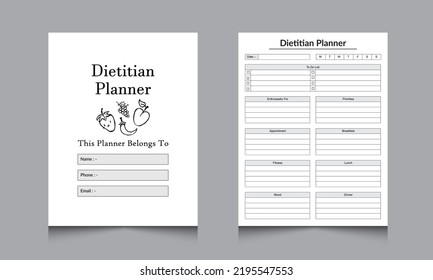 Dietitian Planner template. Dietitian daily patient information and food habit planner interior. KDP interior