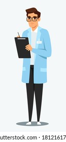 Dietitian working in hospital. Healthcare doctor helping in medical clinic. Medic man in blue uniform. Health and medicine professional care vector illustration. Nutrition and diabetic treatment.