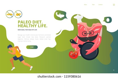 Dietology concept vector illustration: The Paleolithic or Paleo diet, known as caveman or stone-age diet. Paleo Diet site landing page wireframe. Dietology presentation template.