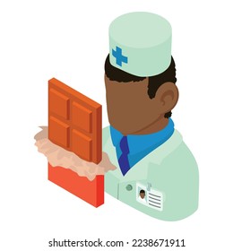 Dietology icon isometric vector. Faceless doctor man and open bar of chocolate. Healthy food, healthcare