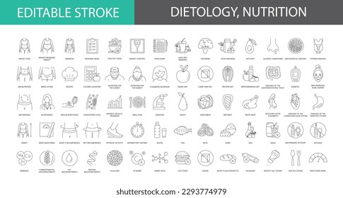 Dietology and nutritiology line icons set in vector, problems and obesity, weight loss and anorexia, personal menu and malnutrition, metabolism and diet, vitamins and trace elements. Editable stroke