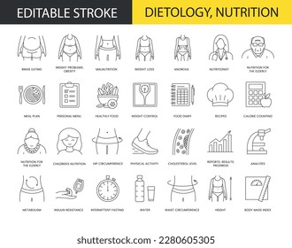 Dietology and nutrition line icon set in vector, weight problem illustration, obesity and overeating, healthy eating and personal menu, hip and waist circumference. Editable stroke