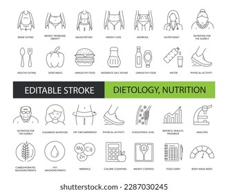 Icono de línea de dietología y nutrición en vector, ilustración de problemas de peso. obesidad y sobrealimentación, desnutrición y pérdida de peso y anorexia, alimentación saludable, circunferencia de cadera. Trazo editable