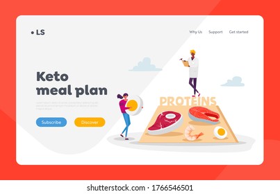 Dietology Science, Healthy Nutrition Landing Page Template. Character Bring Protein Products for Keto Diet. Male Doctor Nutritionist Holding Clipboard Writing Notes. Cartoon People Vector Illustration