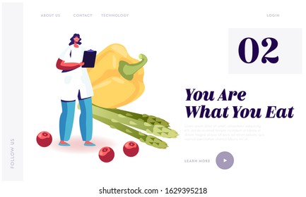 Dietology Science and Healthy Nutrition Website Landing Page. Female Doctor in White Robe Nutritionist Stand front of Huge Bell Pepper and Green Beans Web Page Banner. Cartoon Flat Vector Illustration