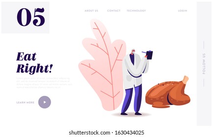 Dietology Science, Healthy Nutrition Website Landing Page. Male Senior Doctor Nutritionist Wearing White Robe Holding Clipboard Stand at Fried Chicken Web Page Banner. Cartoon Flat Vector Illustration