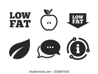 Diets And Vegetarian Food Signs. Chat, Info Sign. Low Fat Arrow Icons. Apple With Leaf Symbol. Classic Style Speech Bubble Icon. Vector