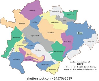 Diez verbandsgemeinde map of Rhein-Lahn-Kreis district Rhineland-Palatinate (Rheinland-Pfalz) state in Germany. Vectored. Retro colors