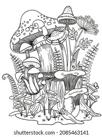 Difers mushrooms grow on the stump and around next to wild flowers. Vector coloring page for adult