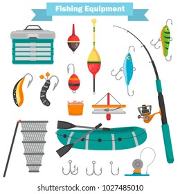 Differeent fishing equipment color flat icons set