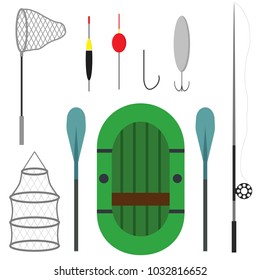 Differeent fishing equipment icons isolated on white background. Fishing boat, equipment, landing net and spinning. Vector illustration