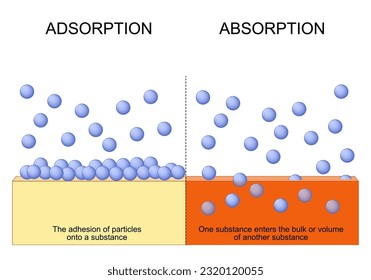 Difference between adsorption and absorption. Absorption - One substance enters the bulk or volume of another substance. Adsorption - The adhesion of particles onto a substance. Vector illustration.  