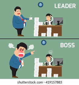 Difference between boss and leader. leader help employee for working to success but boss shouts to employee in work fatigue, Vector illustration.