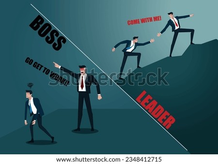 The difference between a Boss or Leader. Winning strategy, efficiency, Employee management, and successful manager, leadership, Business Teamwork. Concept business vector illustration.