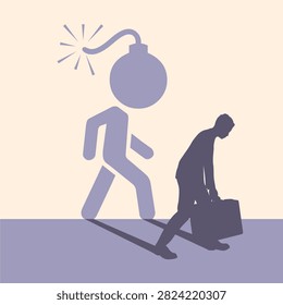 Difference between energy and mood level. Businessman in two versions tired and active. Ready to work and burnout comparison. Businessman walking with briefcase and casting shadow of bomb head man.