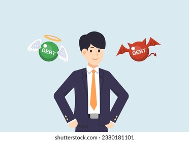 The difference between good debt and bad debt, people are thinking about debt, vector illustration.