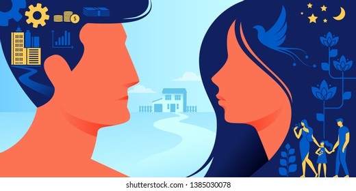 Difference Between Man and Woman. Male and Female Characters Looking on Each Other with Thoughts in Head. Guy Business, Money, Career, Girl Family, Romance, Beauty. Cartoon Flat Vector Illustration