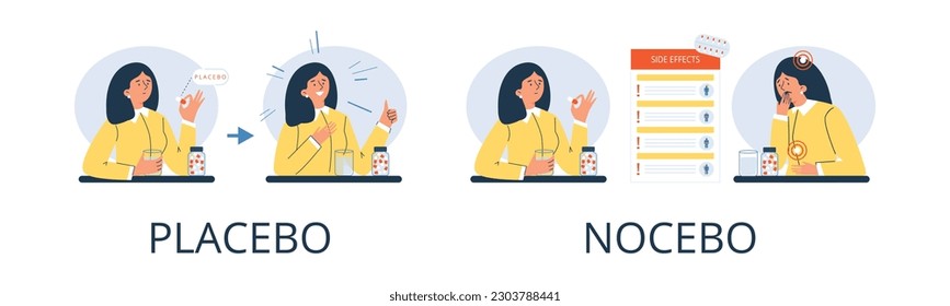 Difference between placebo and nocebo effects, flat vector illustration isolated on white background. Woman feeling good after placebo pill. Person experiencing side effects of medication.