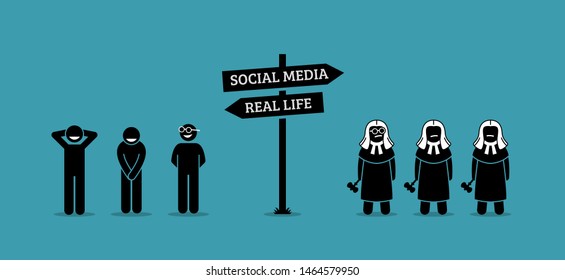 The difference between real life and social media human behaviors. Real life people are being friendly and non-judgmental. However, men become judgmental when they enter the social media cyberspace. 