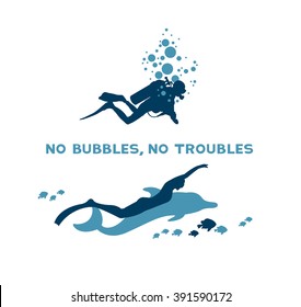 Difference between scuba and free diver. Underwater vector illustration - scuba diver with bubbles and freediver with dolphin. No bubbles, no troubles.