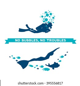 Difference between scuba and free diver. Underwater vector illustration - scuba diver with bubbles and freediver with fish. No bubbles, no troubles.