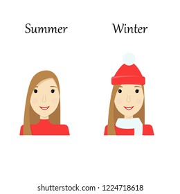Difference between summer and winter for girl. Vector illustration in flat style. Eps10