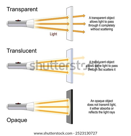 Difference between translucent, transparent and opaque objects. Light transmission. scientific experiment with a different materials and a flashlight. illustration. Vector poster
