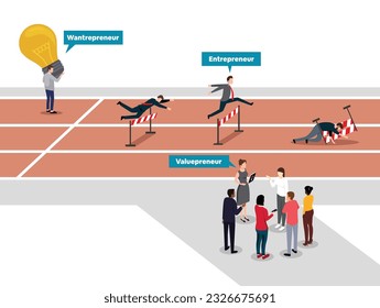 The difference between wantrepreneur, entrepreneur, and valuepreneur in a race competition. Different action taken for success. Flat vector illustration isolated