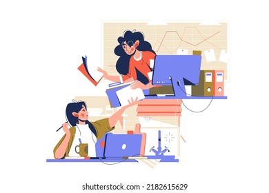 Difference between working from home and office vector illustration. Coworkers share documents flat style. Remote job, freelancer concept