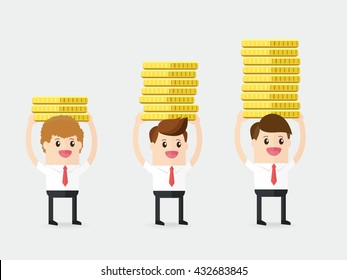 difference businessman carrying stacked gold coins. employee showing earning or bonus or saving