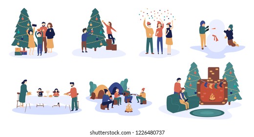 Difference Christmas activity celebration for winter holidays,people decorating Christmas tree,serving festive table, sitting beside fireplace,enjoying fire in camp,flat style,vector illustration.