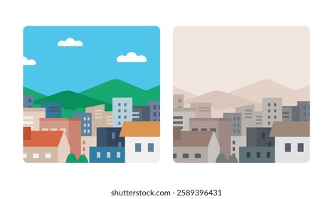 The difference in the city view between a clear day and a fine dust day. Air pollution issues illustration. Flat vector graphics.