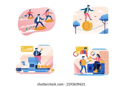 Difference Earn gold coins from passive income gain or dividend from stock market investment, save money and business profit vector illustration set