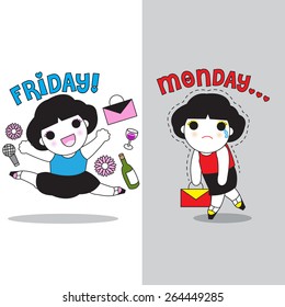 Difference Feeling Between Friday and Monday character illustration