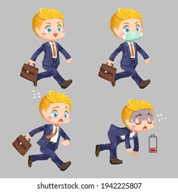La sensación de diferencia del hombre de negocios que trabaja en horas de trabajo y cansancio se ve baja batería en el personaje de caricatura ilustración vectorial plana sobre fondo blanco