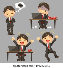 Difference feeling of Businessman working in busy hour in cartoon character flat vector illustration on 